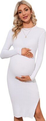 KOJOOIN Women's Bodycon Ribbed Knit Maternity Slim Fit Long Sleeves Side Slit Midi Sweater Dress