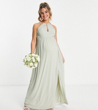 TFNC Maternity Bridesmaid strappy back halter neck dress in sage green