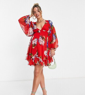 ASOS DESIGN Maternity button detail mini dress with blouson sleeve in red floral