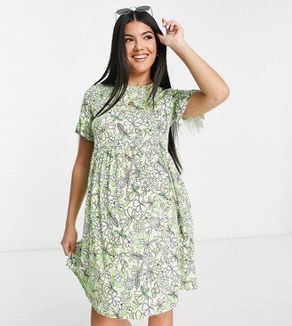 Flounce London Maternity super oversized frill sleeve smock dress in green print