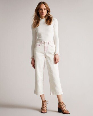 Wide Crop Culotte Denim Jeans in Light Pink