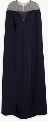 Cape-effect embellished tulle-trimmed crepe gown