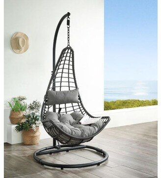 Patio Hanging Chair with Stand, Gray Fabric and Charcaol Wicker