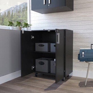 Kitchen Storage Cabinet, Casters, Double Door, Two Interior Shelves -Black