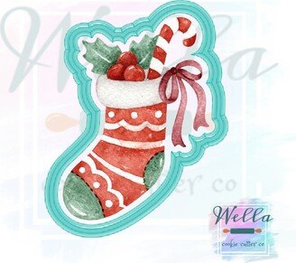 Christmas Stocking Cookie Cutter, With Holly & Candy Cane Stuffed Cutter