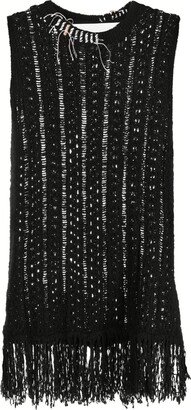 Fringed-Edge Open-Knit Sleeveless Jumper