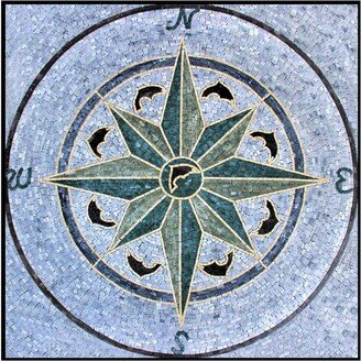 Square Compass Rose Nautical Marble Mosaic Medallion Flooring Tiles. Customization Available, Handcrafted & Handcut Roman Mosaics