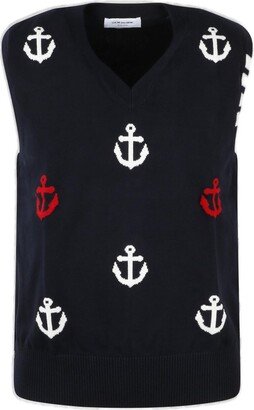 Anchor-Pattern V-Neck Knitted Vest-AA