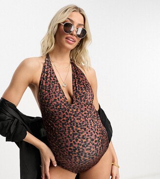 ASOS DESIGN Maternity exclusive halter plunge swimsuit in tortoise shell print