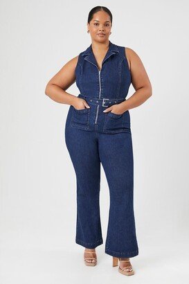 Women's Sleeveless Denim Flare Jumpsuit in Dark Denim, 2X