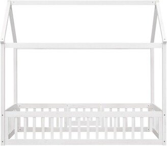 HOMEBAY Twin Wood House Bed with Fence and Door