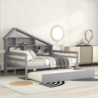 Nestfair Full Size Platform Bed with Trundle and Shelves