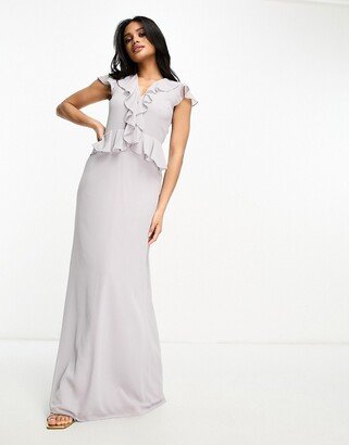 chiffon maxi dress with frill detail in gray