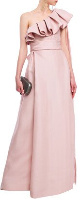 One-shoulder belted ruffled silk-gazar gown