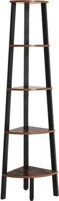 Industrial Corner Shelf, 5-Tier Bookshelf, Plant Stand, Wood Look Accent Furniture with Metal Frame, Rustic Brown