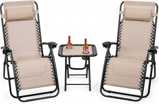 3 Piece Folding Portable Reclining Lounge Chairs Table Set Tan - 26 inches L x 39.5 inches W x 44 inches H