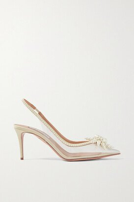 Vendome Faux Pearl-embellished Grosgrain-trimmed Pvc Slingback Pumps - Clear