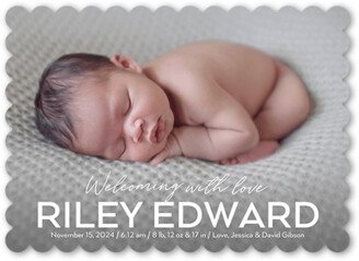 Birth Announcements: Grand Type Birth Announcement, White, 5X7, Pearl Shimmer Cardstock, Scallop