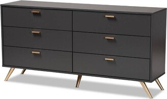 Kelson Wood 6 Drawer Dresser Dark Gray/Gold