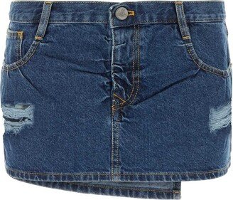 Orb-Embroidered Distressed Mini Denim Skirt