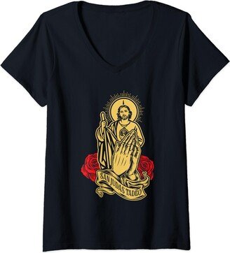 MexiColor Womens San Judas Tadeo V-Neck T-Shirt