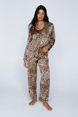 Satin Leopard Print Pajama trousers Set - Brown
