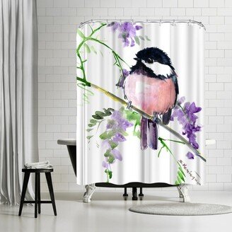 71 x 74 Shower Curtain, Chickadee And Purple Flowers by Suren Nersisyan