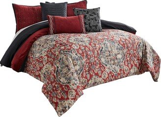 9 Piece Queen Size Comforter Set with Medallion Print, Red and Blue