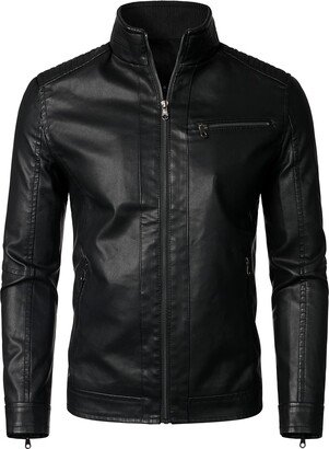 HOOD CREW Men’s Classic Zip Up Bomber Faux Leather Jackets Black M