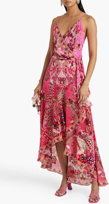 Ruffled printed silk maxi wrap dress