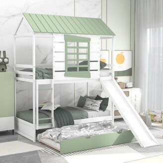 Aoolive Twin over Twin Size House Bunk Bed with Convertible Slide and Trundle