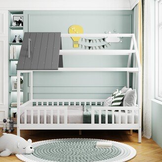 EDWINRAY Full Size Wood House Bed with Fence & Chimney for Kids' Room, White+Gray