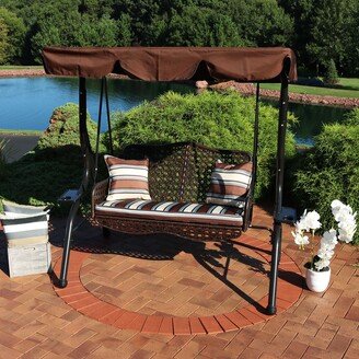 Sunnydaze Decor Sunnydaze 2-Seater Rattan Patio Swing with Striped Pillows and Cushion - Brown