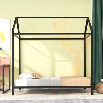 EDWINRAY Twin Size House Bed Metal Floor Platform Bed Frame for Kids Boys Girls