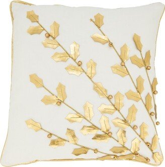 Saro Lifestyle Metallic Poinsettia Branch Design Winter Christmas Holiday Cotton Poly Filled Throw Pillow, 18, Gold