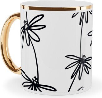 Mugs: Daisy Chain - Black And White Ceramic Mug, Gold Handle, 11Oz, White