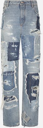Patchwork denim jeans with ripped details
