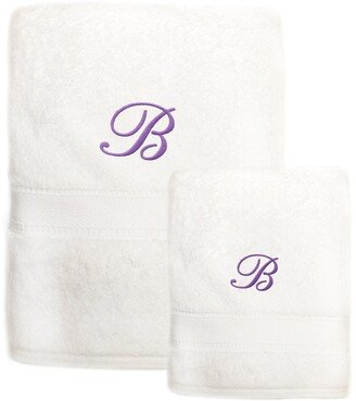 Authentic Hotel and Spa Sweet Kids 2-piece White Turkish Cotton Bath and Hand Towel Set with Lavender Purple Monogrammed Initial