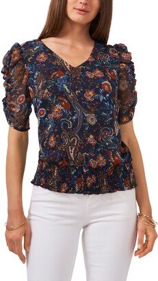 Ruched Sleeve Print Blouse