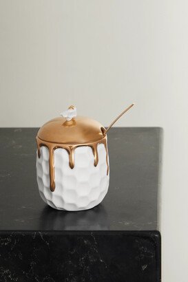 Beehive Gold-plated Porcelain Honeypot And Spoon - White