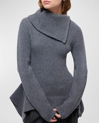 SIMKHAI Keyara Wool Cashmere Foldover Collar Peplum Sweater