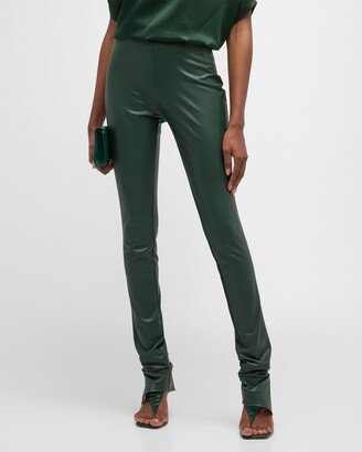 Stretch Faux Leather Slit-Hem Leggings