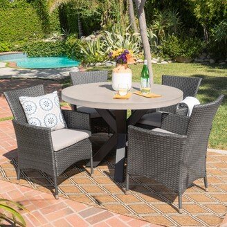 Sanibel Outdoor Transitional 5 Piece Wicker Dining Set with Lightweight Concrete Table