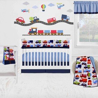 Transportation Blue Navy Green Red Orange 6 pc Crib Bedding Set with Long Rail Guard Cover