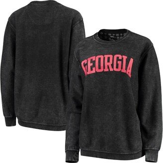 Women's Pressbox Black Georgia Bulldogs Comfy Cord Vintage-Like Wash Basic Arch Pullover Sweatshirt