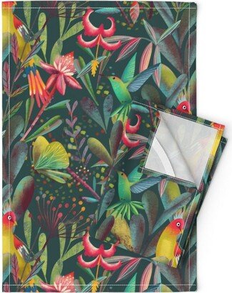 Tropical Tea Towels | Set Of 2 - Winged Jungle Fantasy By Miraparadies Hummingbird Bright Butterfly Linen Cotton Spoonflower