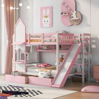 GEROJO Full-Over-Full Castle Shaped Bunk Bed with 2 Drawers, 3 Shelves, Storage Staircase & Slide, Solid Wood Slat Support, for Kids