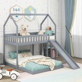 Calnod Twin Over Full House Bunk Bed with Slide & Built-in Ladder, Detachable to Floor Bedframe Full-Length Guardrail for Kids Teens