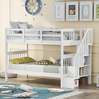 Calnod Twin-Over-Twin Bunk Bed with 4 Storage Shelves and Handrail Stairway, Kids Bed with Full-length Guardrail for Bedroom, White