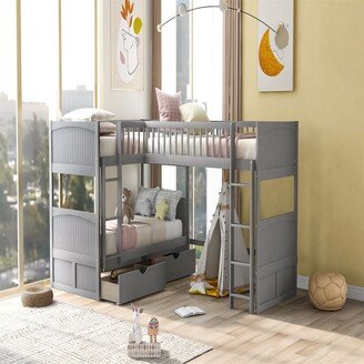 TONWIN Twin Size Bunk Bed with a Loft Bed Attached, with Two Drawers, Gray